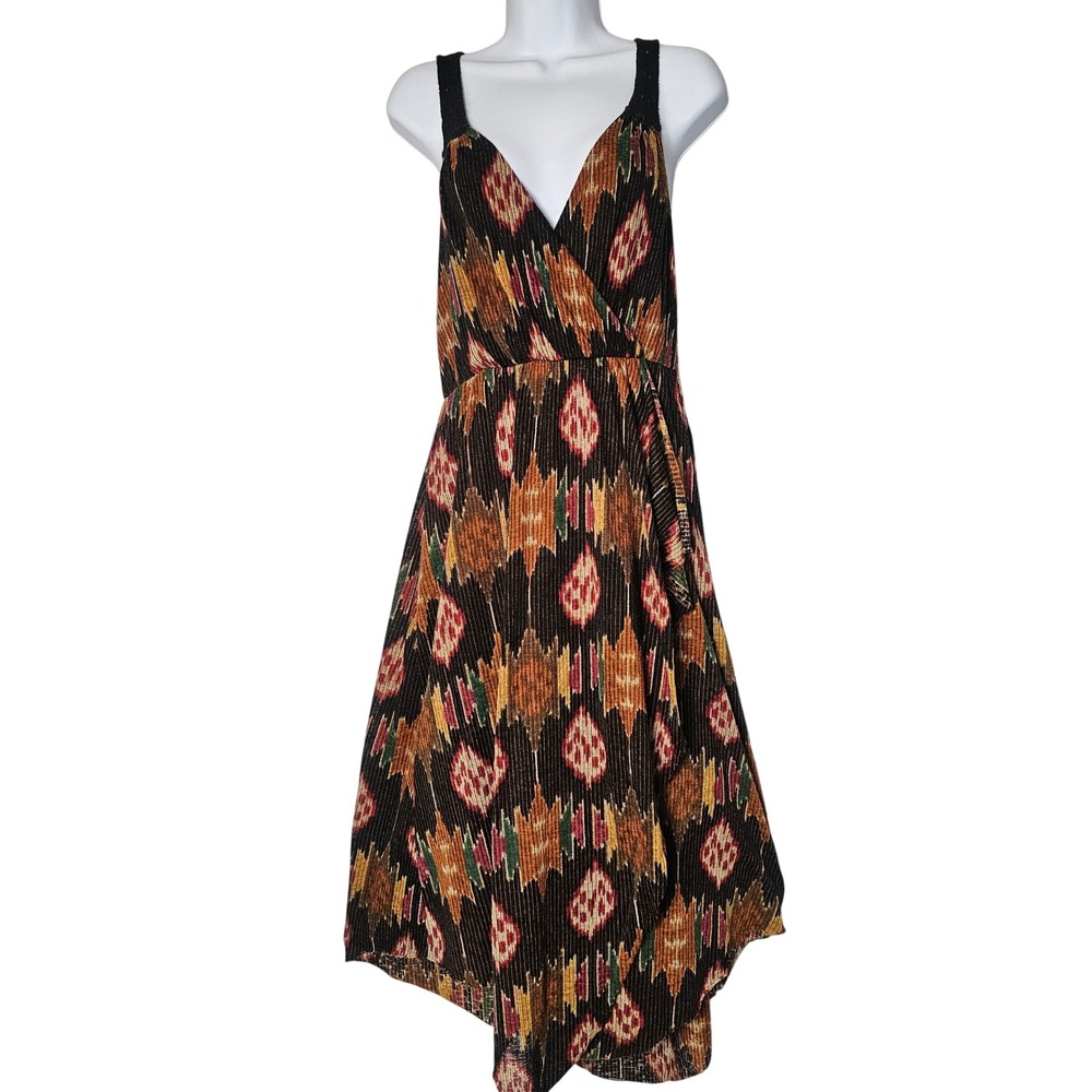 Free People Black Midi Dress with Rust, Mustard & Olive Ikat Print